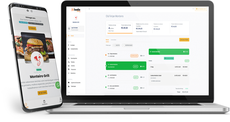 Dashboard do sistema de delivery Foodiz Delivery mostrando gestão de pedidos online