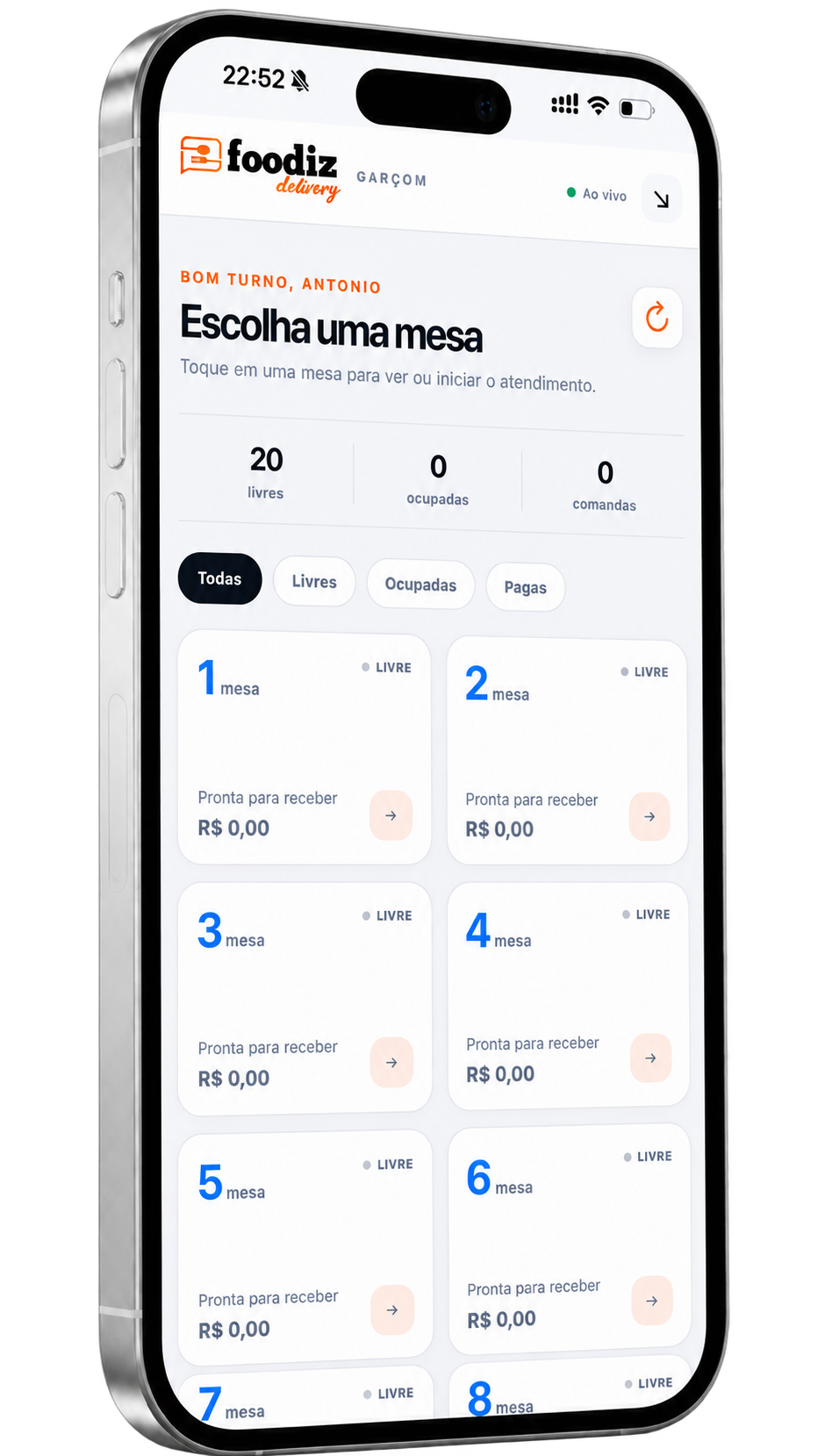 App do garçom Foodiz em um smartphone
